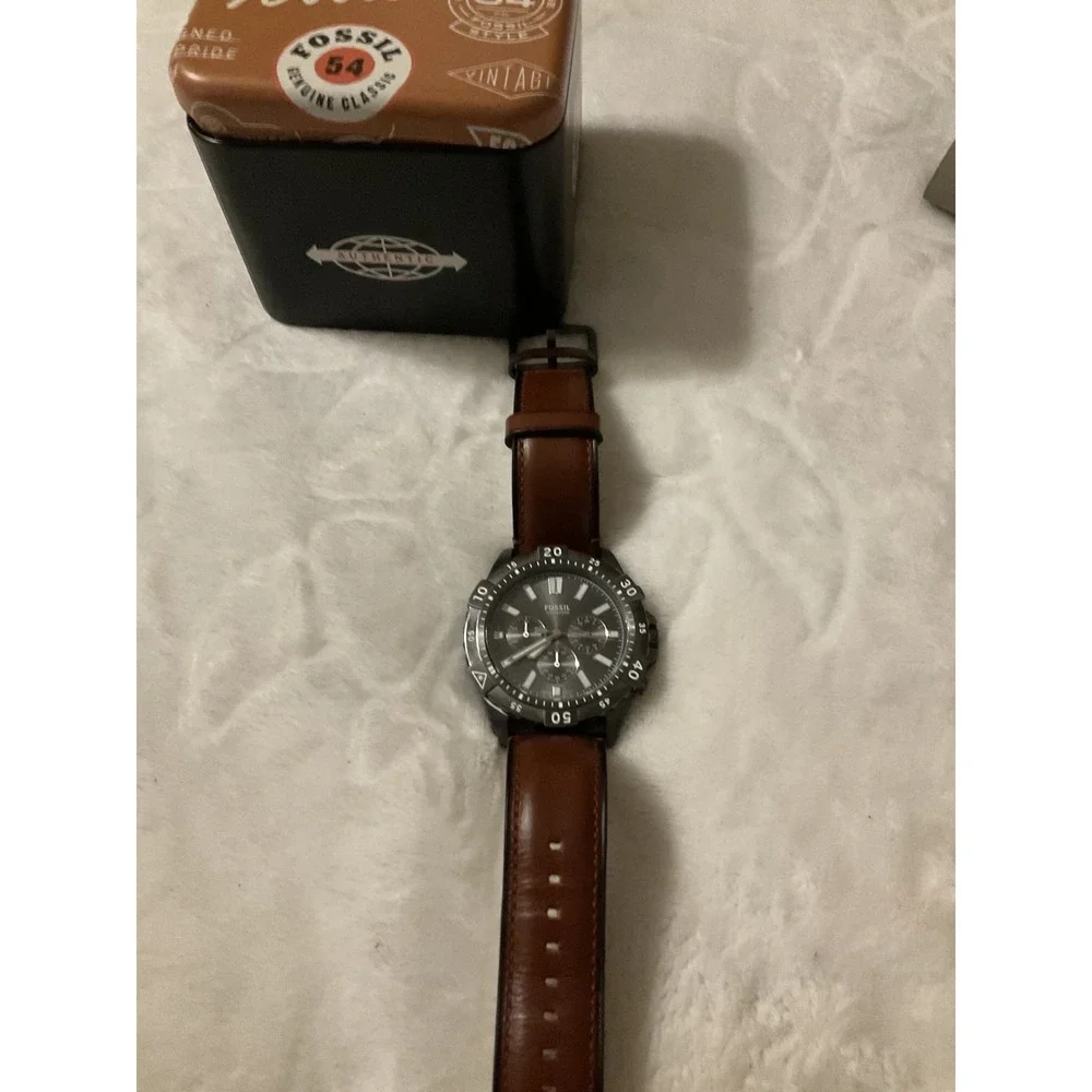 Fossil 54 Men's Chronograph Date Quartz Watch Brown Leather Black Dial 44mm